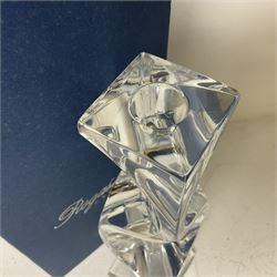 Late 20th century art glass, to include a Robert Held vase, of baluster form with iridescent swirl design, two frosted glass vases with peacock feather design on green and white ground, frosted glass tulip shaped bowl with smoke design and a Rogaska Crystal cobra candlestick, tallest vase 27cm