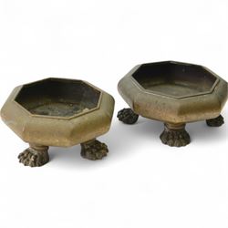 Pair of 19th century, bronze platers, possibly Japanese, of squat cauldron octagonal form,...
