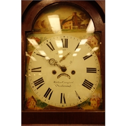  Early 20th century longcase clock, swan neck pediment above stepped arch glazed door, eight day movement, enamel dial painted with village scene, signed 'Walton Crawford, Scarborough', H223cm  