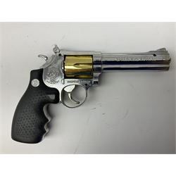 Early 20th century Flobert 5mm blank firing revolver with six-shot chamber, top venting, nickel plated with folding trigger No.118 L12.5cm overall; replica non-firing 'British Bulldog' revolver; and Windproof gas lighter inscribed 'Revolver-99 Spring and Autumn' in holster marked 'Star-Line'