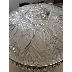 Ceramic table lamp, decorated with florals on a blue ground, with frosted glass shade with glass droplets, with two pin plug