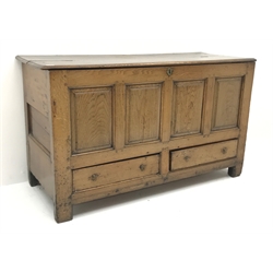  George III oak mule chest, hinged lid, four panel front above two drawers on stile supports, W146cm, H85cm, D58cm  