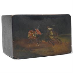Russian lacquer rectangular box with hinged cover decorated with figures in a horse drawn cart L16cm
