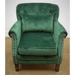  Low back armchair silver nail upholstered in emerald velvet, on square supports, W73cm  