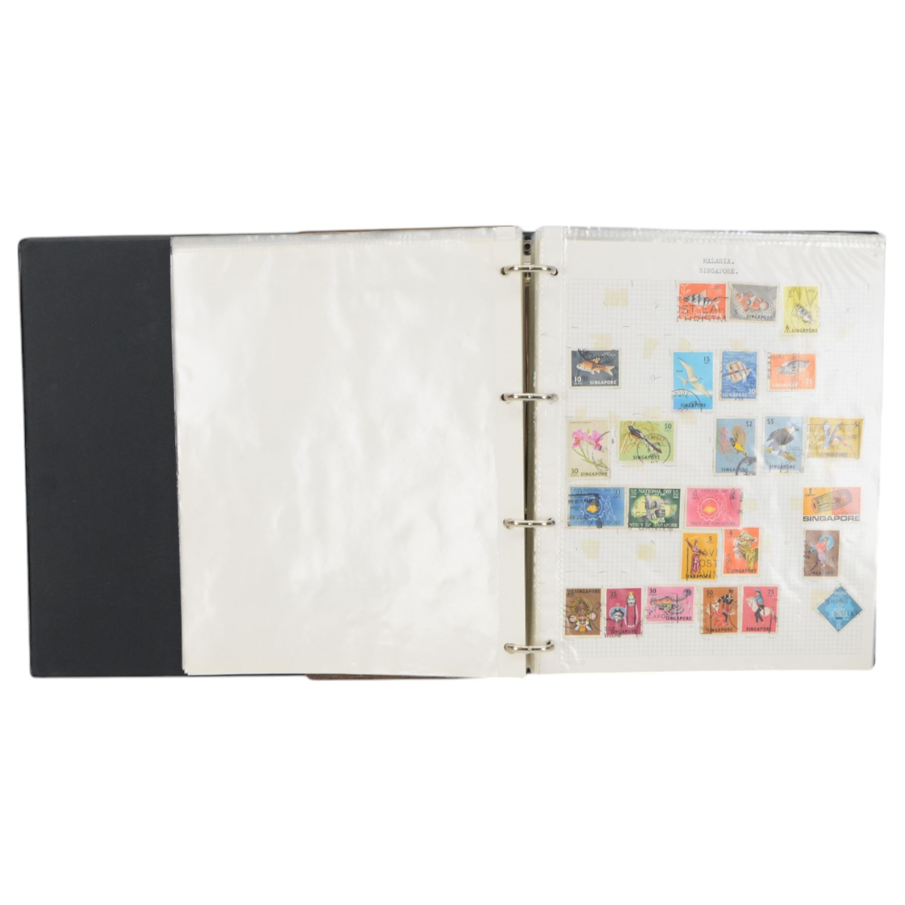 World stamps including Aden, Brunei, Rwanda, Spain, Ireland, Italy, Japan, Hungary, Germany, France, Portugal, Namibia, Netherlands, New Zealand, St Lucia, Malaysia etc, housed in ten ring binder folders