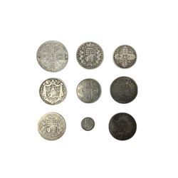 Approximately 110 grams of pre 1920 Great British silver coins, including King George III 1817 half crown, King William IIII 1836 half crown, Queen Victoria 1849 Godless florin, 1874 and 1877 half crowns, 1887 double florin etc