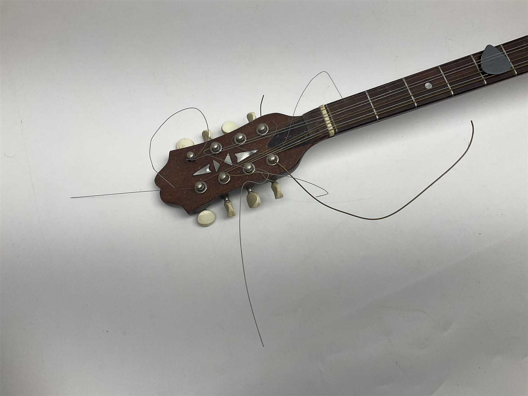 Italian bouzouki type long necked mandolin with segmented lute back and spruce top with tortoiseshell style panels; bears label 'Miroglio & Figli Sicilia Catania Italia' L99cm; and Italian lute back mandolin with segmented back and spruce top bearing label for F. De Mureda Napoli (2)