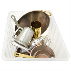Copper pans, silver plated cocktail shaker, and other metalware in one box