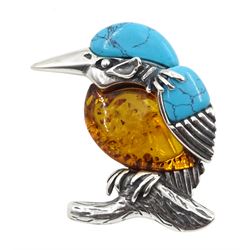 Silver Baltic amber and turquoise kingfisher brooch