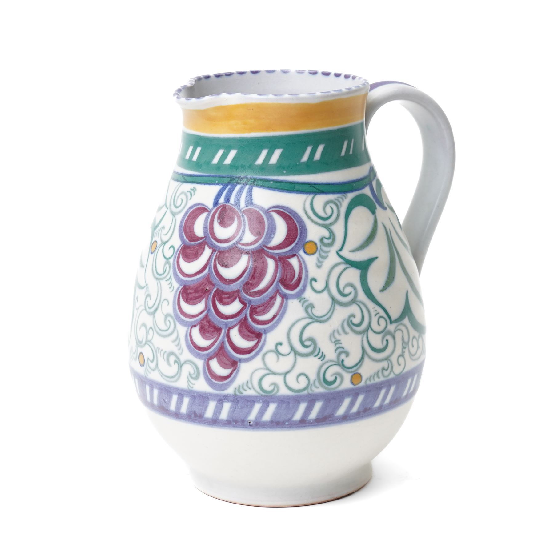Collection of Poole pottery wares, five stamped with Carter Stabler Adams marks to base, in typical colours with stylised patterns, including grapes and flowers, impressed and painted marks to base, largest H20cm (6)