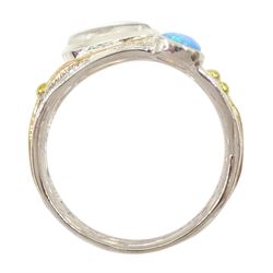 Silver and 14ct gold wire moonstone and opal ring, stamped 925