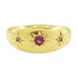 Early 20th century 18ct gold ruby and diamond gypsy ring, single round cut ruby with a ros...