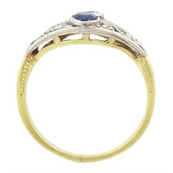 14ct gold milgrain set, two stone round cut diamond and sapphire ring, with pierced design shoulders, set with diamonds, stamped 585