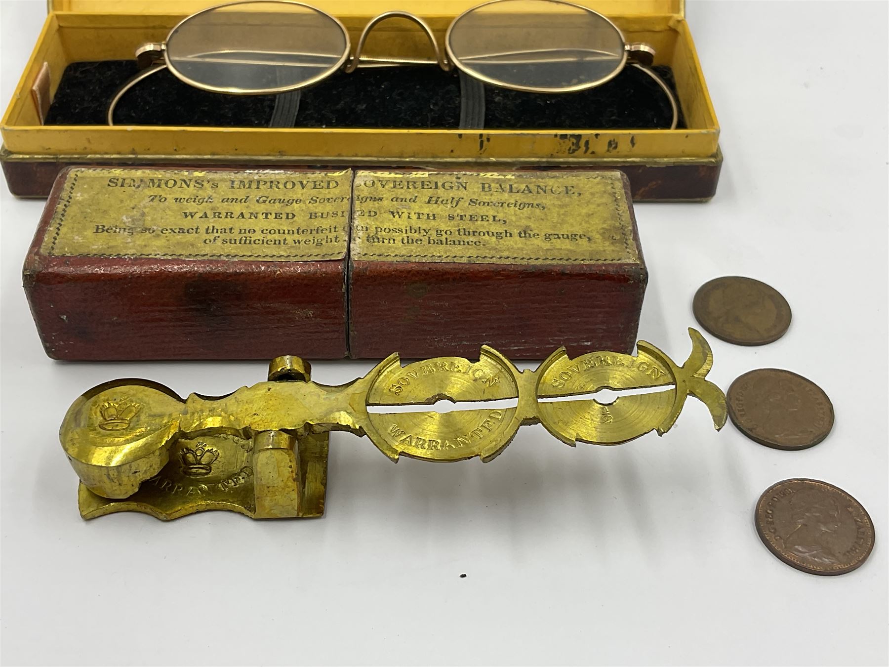 Jaeger-Le Coultre military pocket watch, the back case engraved G.S.T.P 037076, with broad arrow, together with a Pratima stop watch, 9ct gold bar brooch with clip, 9ct gold bangle with metal core, pair of gold plated spectacles and a set of Simmons sovereign scales, in original box