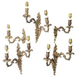 Three brass two branch wall lights and  a pair of single wall lights