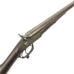 19th century David R. Hodgson (? of Louth) 12-bore side-by-side double barrel hammer shotgun with screw under lever opening and patent action, walnut stock and 76cm damascus barrels, L119cm overall SHOTGUN CERTIFICATE REQUIRED