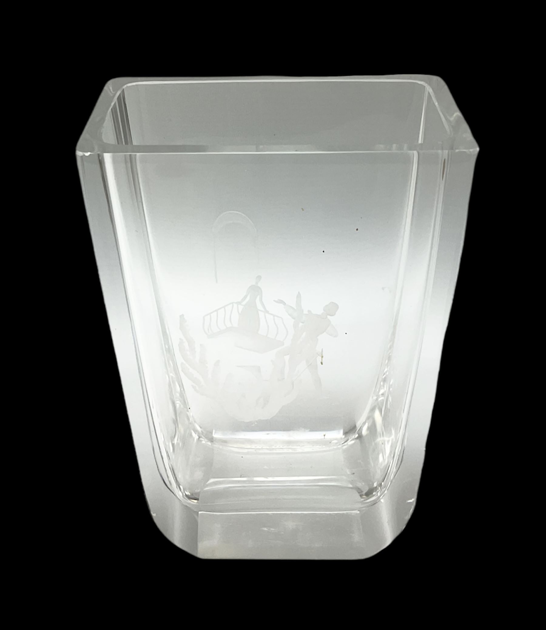 Orrefors art glass vase decorated with engraved Romeo and Juliet balcony scene, designed by Nils Lanberg circa 1950's, no. 3161, with etched marks beneath, H20cm