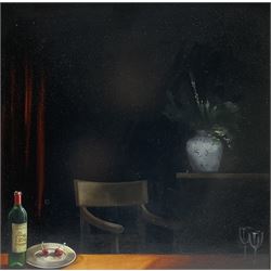 Rachel Robb (Australian 1969-): Cherries on Plate with Wine Bottle, oil on panel, signed verso c.1990, 30.5cm X 30.5cm 
Notes: Rachael was born in Warrnambool, Australia. In 1990, after studying Fine Art at the School of Art, RMIT University  Melbourne, she travelled extensively throughout the world living for a number of years in San Francisco and Prague before settling in London, returning to her home country in 2020