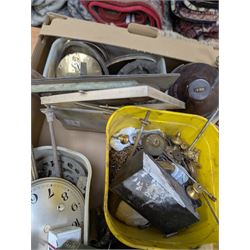 Collection of clock parts and accessories, including movement, faces, dials, tools, brass fittings, etc, in three boxes
