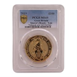 Queen Elizabeth II 2019 'Yale of Beaufort' one ounce fine gold one hundred pound coin, encapsulated by PCGS