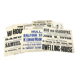 Seven late 19th/early 20th century auction posters of Hull/Yorkshire interest for properties in Hithe (Hive) 1852, South Cave 1880, Ellerker 1904, Hive 1921, Osbaldwick 1921, Balfour Street Hull 1922 and Sancton 1922; another for Cumberland 1824; two early 'This House To Let' posters; posters unframed and folded; and auction particulars for Gator Court, Ashburton, South Devon 