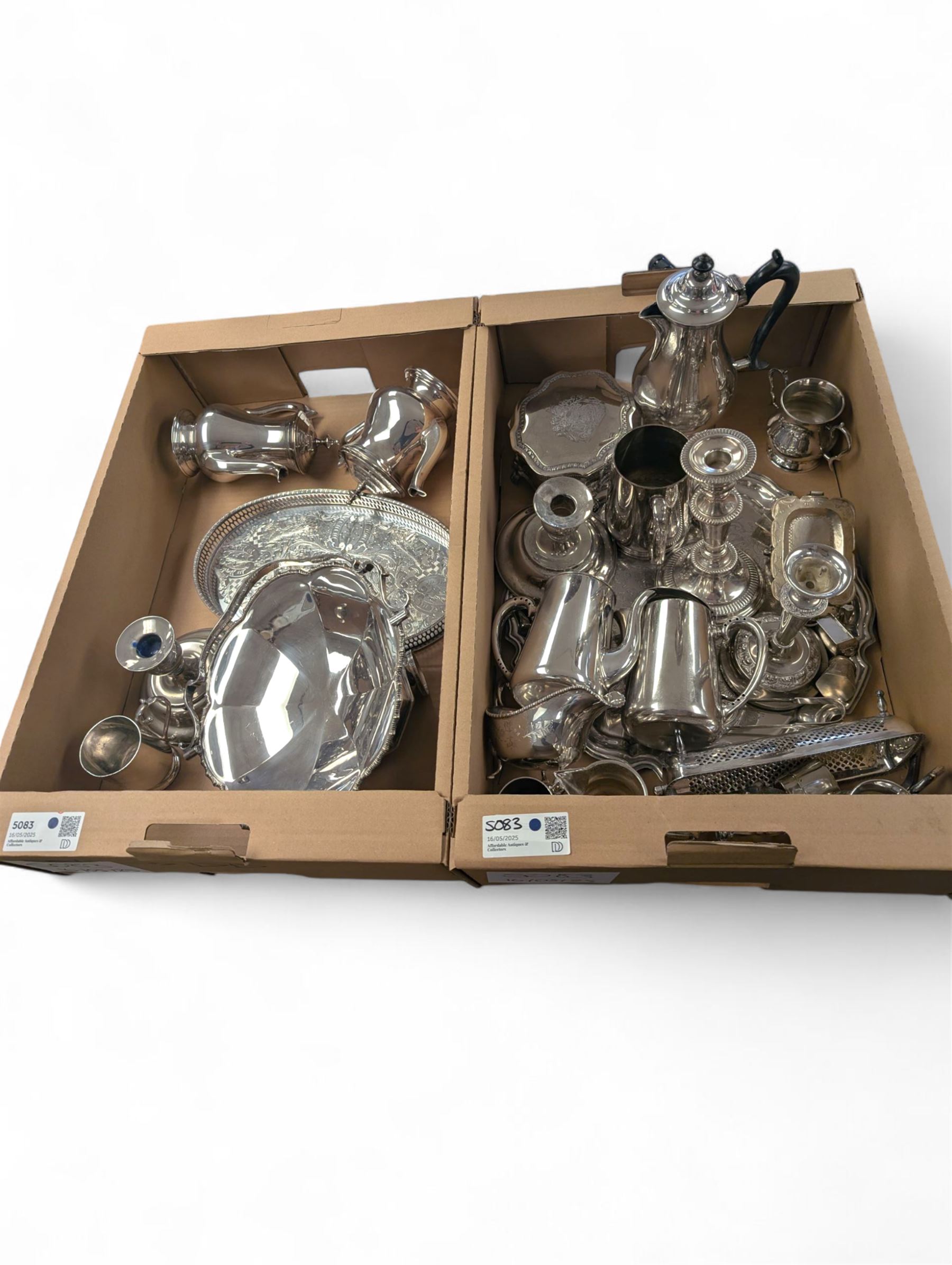 Collection of silver plated items, including trays, swing handled basket, coffee pot, candlesticks, etc