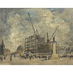 English School (Early 20th century): The Construction of the Queen's Hotel Leeds, oil on canvas unsigned 60cm x 75cm
Notes: The first railway hotel on this site was opened in 1863 for the Midland Railway. The Midland Railway was taken over by the London, Midland and Scottish Railway and in 1935 it was decided to demolish the old building and build a grand new one. This was officially opened on 12 November 1937, by the Princess Royal and Lord Harewood. The architect was W. H. Hamlyn 