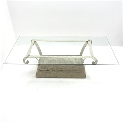  Rectangular composite stone base coffee table, bevel edge glass top table, shaped metal supports, W131cm, H42cm, D66cm  