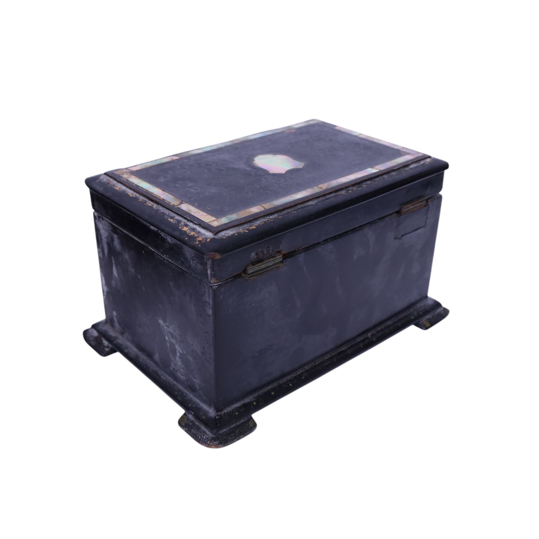 Black lacquered tea caddy with mother of pearl inlay, together with another box with mother of pearl inlay