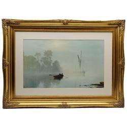 After Gerald Coulson (British 1926-): Rowing through the Mist, print in heavy gilt frame 45cm x 75cm