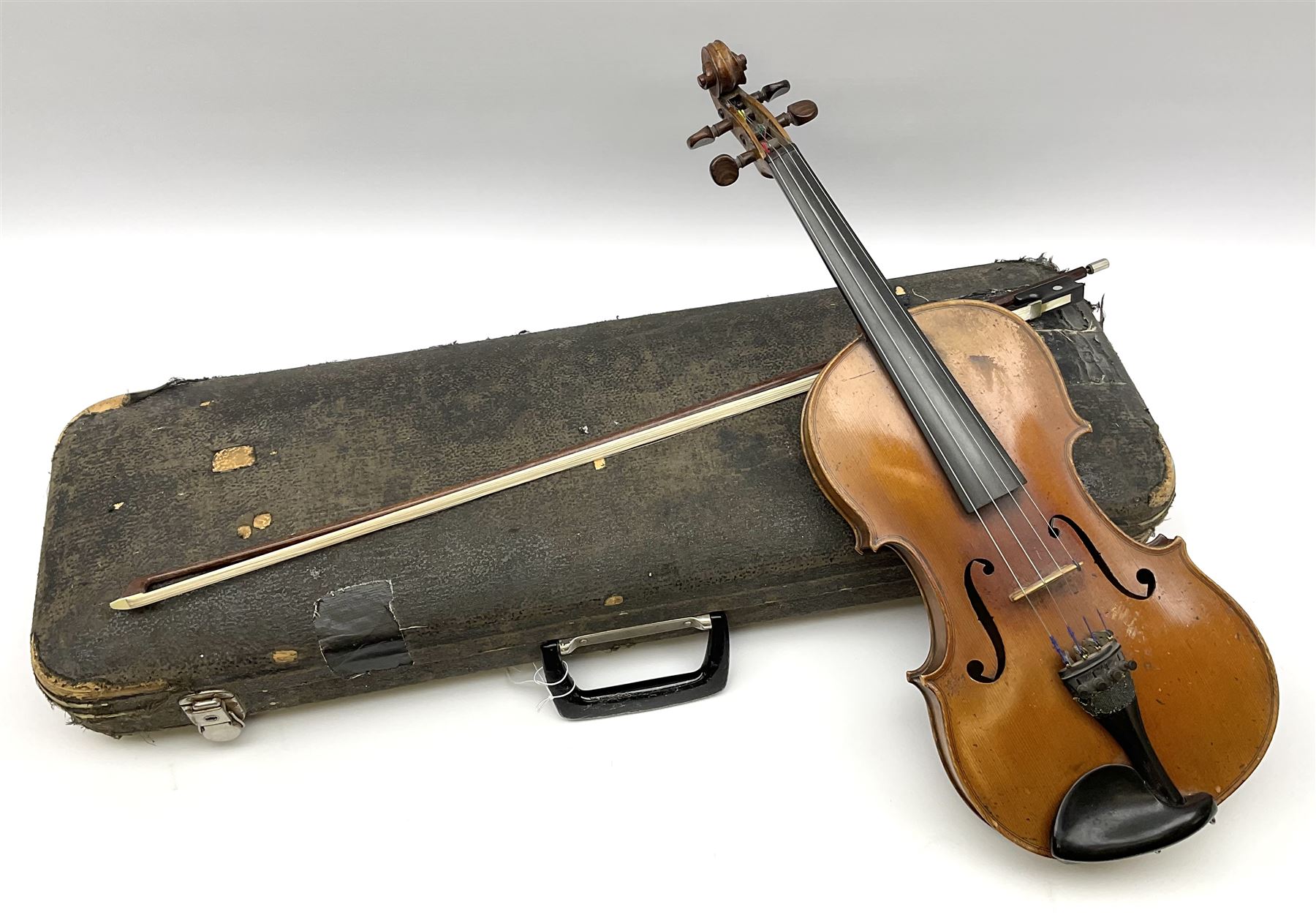 French Mirecourt violin c1920s with 36cm one-piece maple back and ribs and spruce top, labelled Jermone Thibouville-Lamy, L59cm, in fitted carrying case with German bow and 1984 valuation certificate by Frome Valley Music