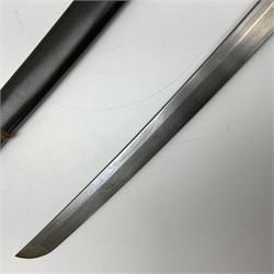 WW2 Japanese Army officer's shin gunto/katana sword with 68.5cm steel single edged blade, foliate cast brass tsuba, bound fish-skin grip with brass mounts, inscribed marks to both sides of tang; in lacquered wooden scabbard with brass mounts and locking button L97cm overall