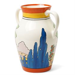 Wedgwood Bizarre by Clarice Cliff, twin-handled Lotus Jug, Orange Roofed Cottage, hand painted based upon an original, boxed, H31cm