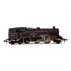 Three Hornby Dublo 00 gauge locomotives in black, comprising 2224 L.M.R 2-8-0 8F Locomotive and Tender no. 48073, 2218 2-6-4 Tank Locomotive no. 80033 and 2217 0-6-2 Tank Locomotive B.R. no. 69550, all boxed