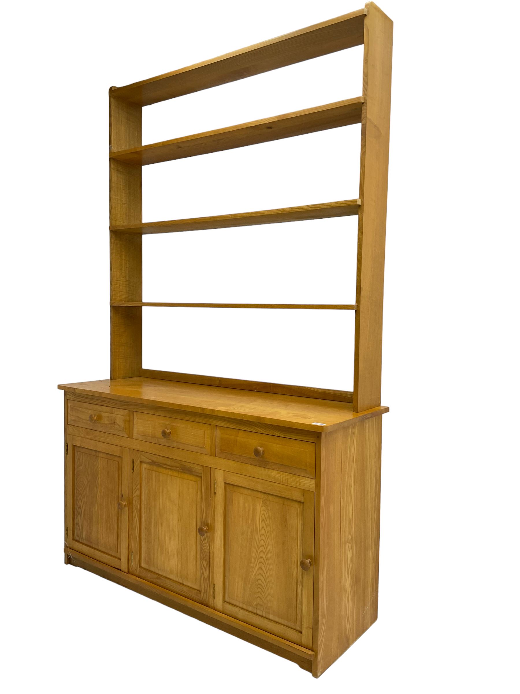 Treske - ash dresser, raised three height plate rack over three drawers and three panelled cupboards
