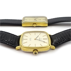  Omega De Ville gentleman's quartz gold-plated wristwatch on leather strap, boxed with papers and one other Omega De Ville manual wind wristwatch  