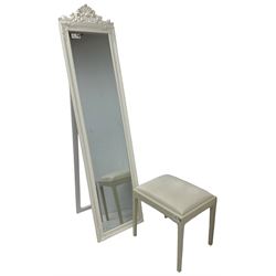 White finish rectangular cheval mirror, moulded rectangular frame with ornate cartouche pediment, bevelled mirror plate (H176cm); small cream painted stool with upholstered drop-in seat (W47cm) (2)