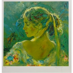  Lady in a Hat, limited edition artists proof colour print No.11/45 signed in pencil by  Jose Royo (Spanish 1945-) and one other limited print signed in pencil by the same hand 40cm x 38cm (2)  