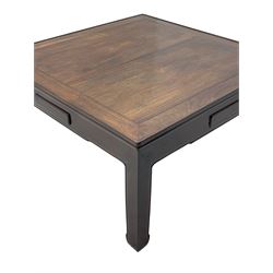 Fine 19th century Chinese Qing dynasty hmong wood mahjong or coffee table, Ming design, square top with raised moulded lip, each side fitted with small drawer, on square supports with hoof feet