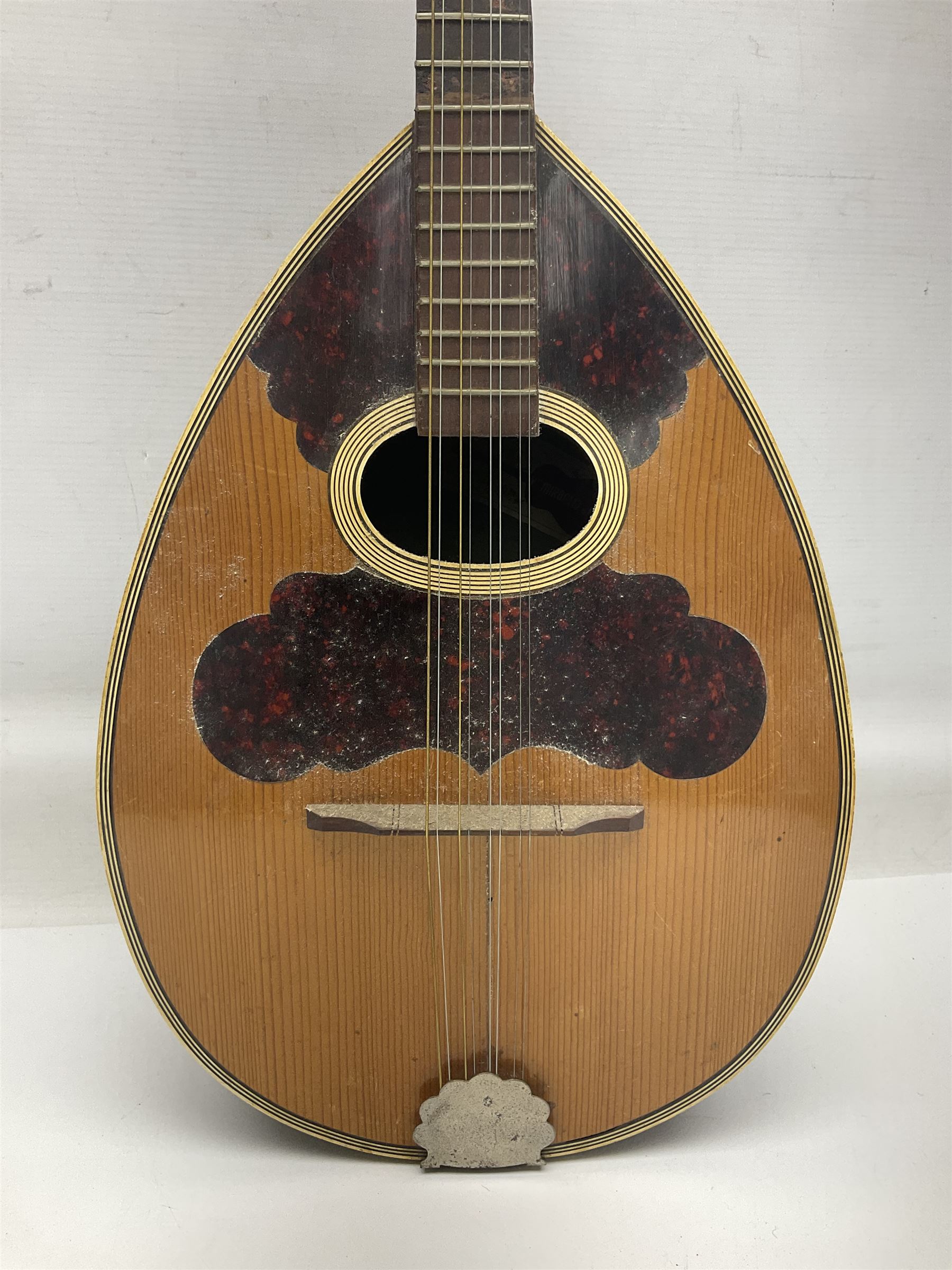 Italian bouzouki type long necked mandolin with segmented lute back and spruce top with tortoiseshell style panels; bears label 'Miroglio & Figli Sicilia Catania Italia' L99cm; and Italian lute back mandolin with segmented back and spruce top bearing label for F. De Mureda Napoli (2)