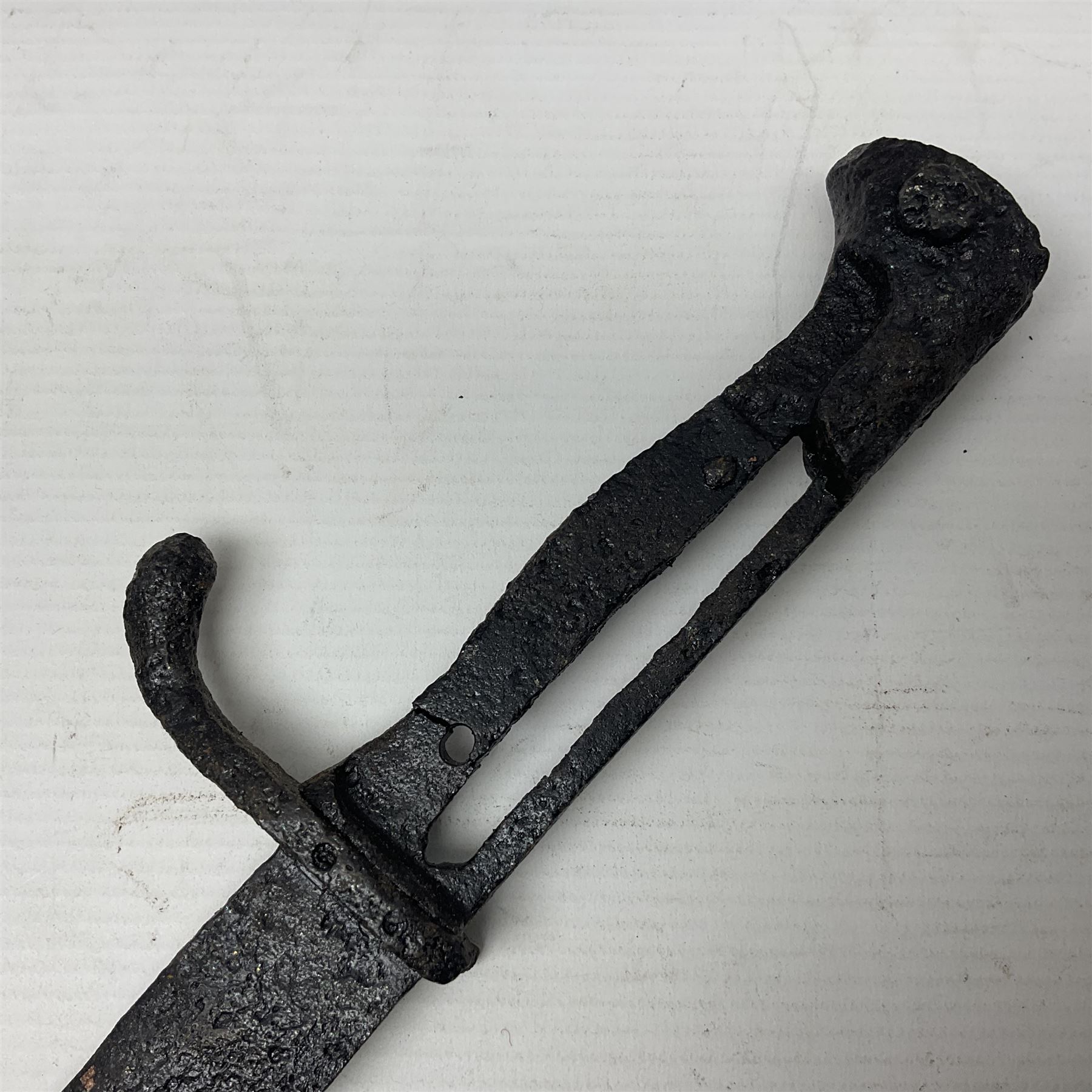 WWI Prussian S98 bayonet with 52cm fullered steel blade dated 1906 to pipeback and marked Solingen to ricasso, regimentally stamped to cross guard 56.R.11.2. for 56 Infanterie Regiment, 11 Kompanie, Waffe 2, L65cm overall; and another in battlefield relic condition (2)