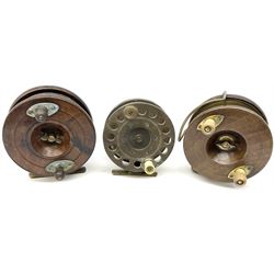 Three Allcocks & Co Ltd reels of brass and wood construction, the largest D4.5 inches