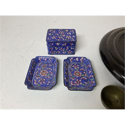 Chinese enamelled box, together with two matching trinket dishes, a wooden vase stand and miniature brass dish   