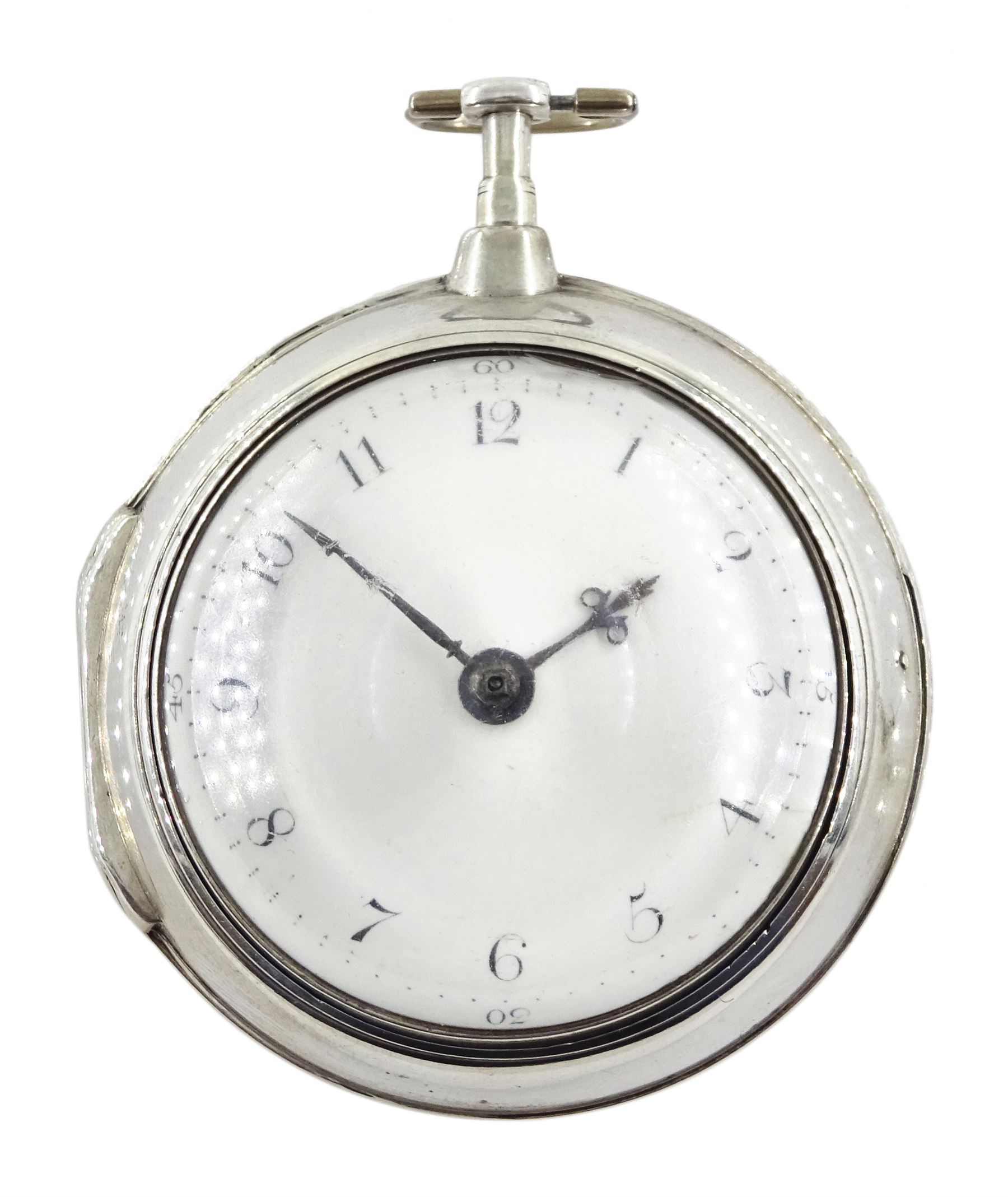 George III silver pair cased verge fusee pocket watch by Richard Tompion, Liverpool, No. 3801, round baluster pillars, pierced and engraved balance cock decorated with a heart, white enamel dial with Arabic numerals and outer quarter markers, beetle and poker hands, bull's eye glass, case by Henry Harding, Birmingham 1792