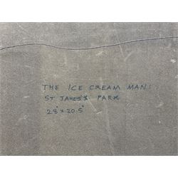 William Burns (Northern British 1923-2010): 'The Ice Cream Man - St James' Park', oil on board signed, titled verso 50cm x 70cm Provenance: Direct from the family of the artist. 
Notes: Born in Sheffield in 1923, William Burns RIBA FSAI FRSA studied at the Sheffield College of Art before the outbreak of the Second World War, during which he helped illustrate the official War Diaries for the North Africa Campaign, and was elected a member of the Armed Forces Art Society. On his return, he studied architecture at Sheffield University and later ran his own successful practice, being a member of the Royal Institute of British Architects. However, painting had always been his self-confessed 'first love', and in the 1970s he gave up architecture to become a full-time artist, having his first one-man exhibition in 1979.