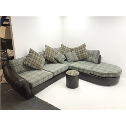 Tetrad corner sofa upholstered in leather and chequered fabric (W272cm & 246cm) with matching foot stool