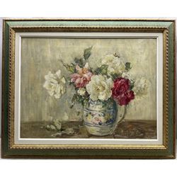 Owen Bowen (Staithes Group 1873-1967): Still Life of Red and White Roses in a Jug, oil on canvas signed 45cm x 60cm