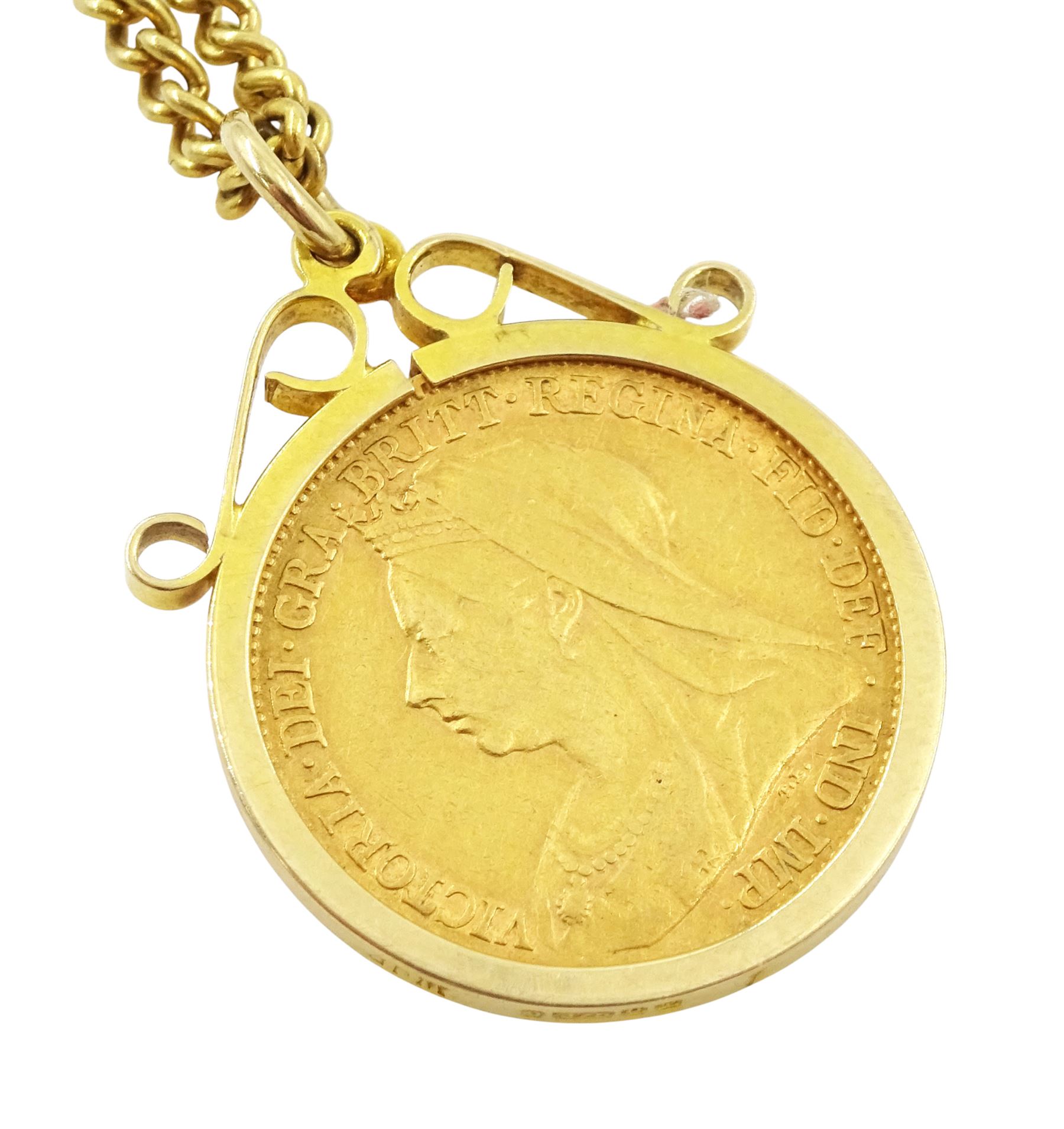 Queen Victoria 1901 gold half sovereign coin, loose mounted in 9ct gold pendant mount,hallmarked, on gilt chain