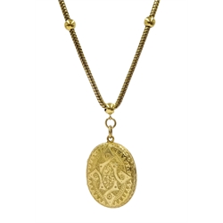  14ct gold snake and ball link chain necklace, with sliding pendant locket, engraved decoration  