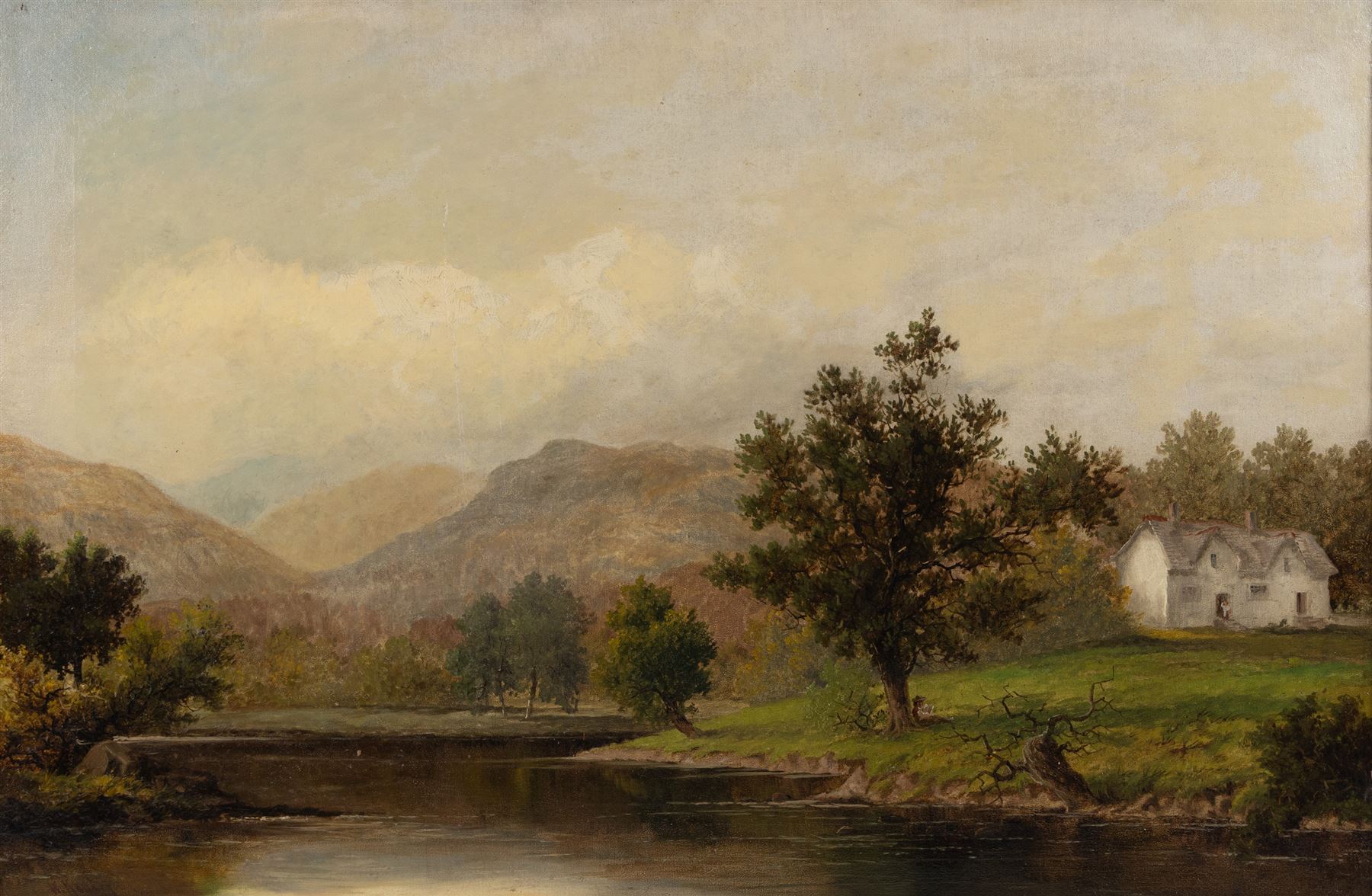 English School (19th Century): Cottage and River Landscape, oil on canvas indistinctly signed, also titled 'on the -' indistinctly verso in large gilt frame 60cm x 90cm